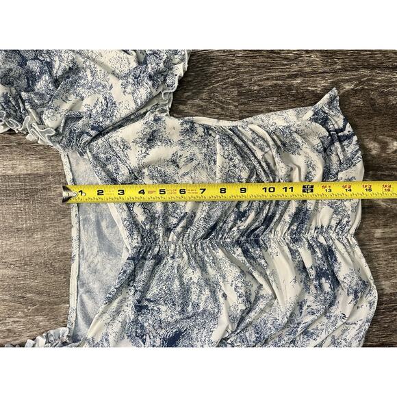 Women’s Smocked Ruched Blue White Toile Puff Sleeve Sweetheart Top Size Small - Picture 4 of 6